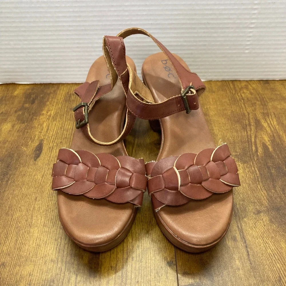 b.o.c Women's Brown Leather Braided Strappy‎ Platform Heel Sandals Size 8M